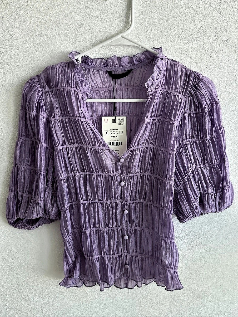 ZARA Smocked Blouse Textured Purple Size Small
